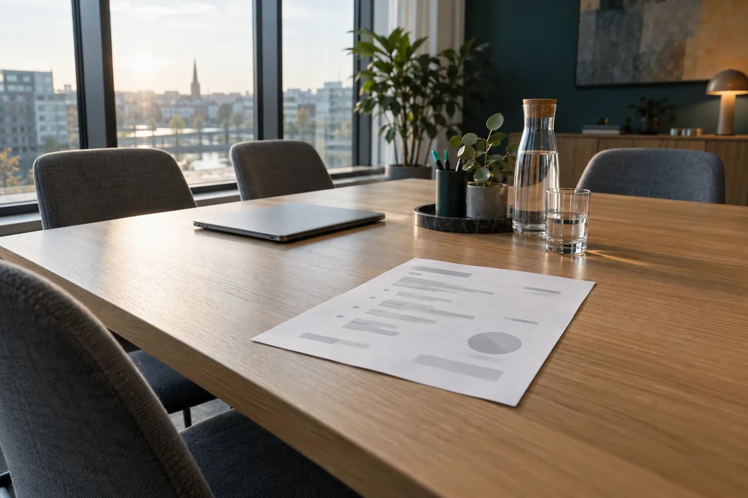 A printed meeting agenda on a conference table, next to it a laptop and four chairs