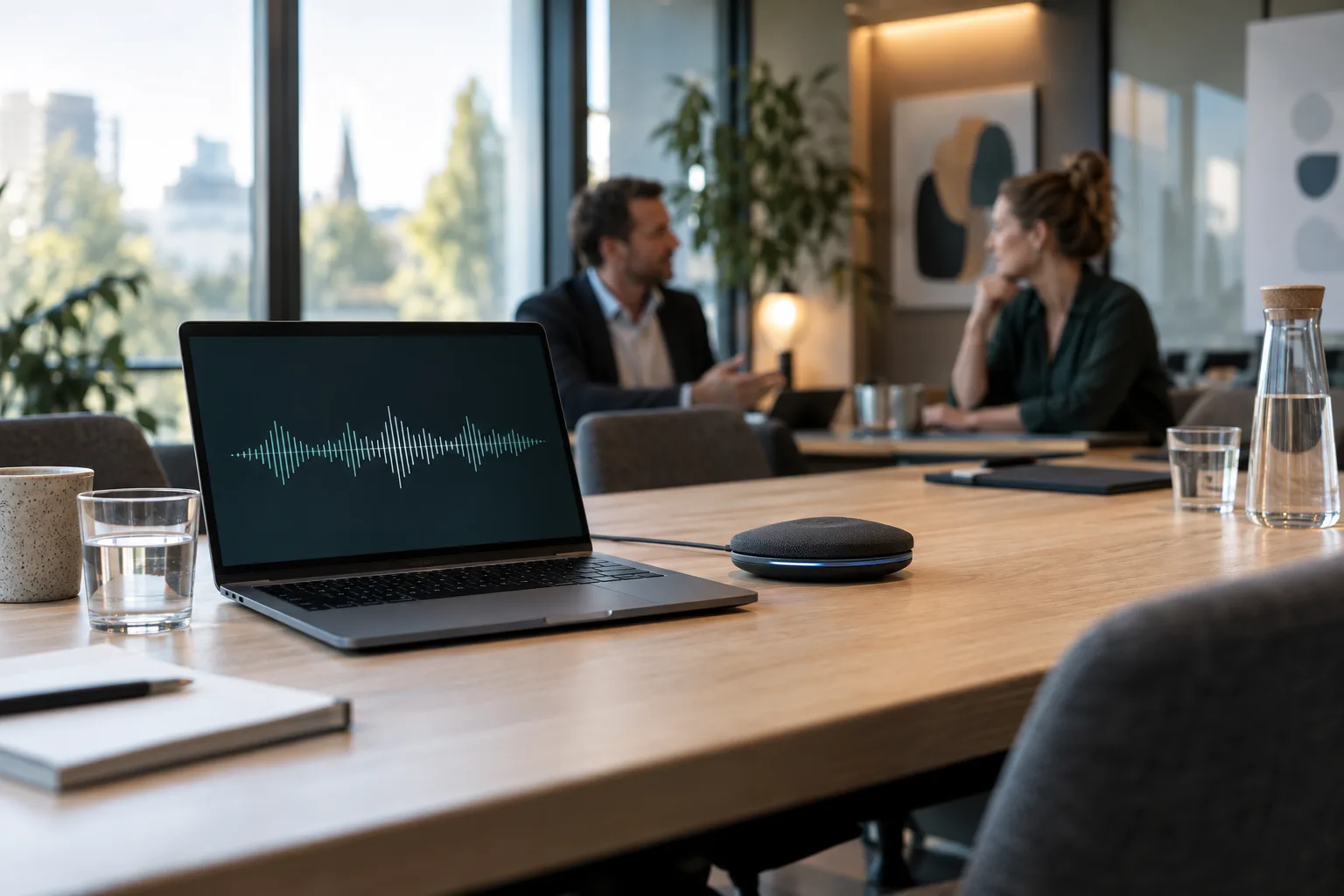 Gespräch aufzeichnen im Konferenzraum, Laptop mit Aufnahme-Symbol auf dem Tisch