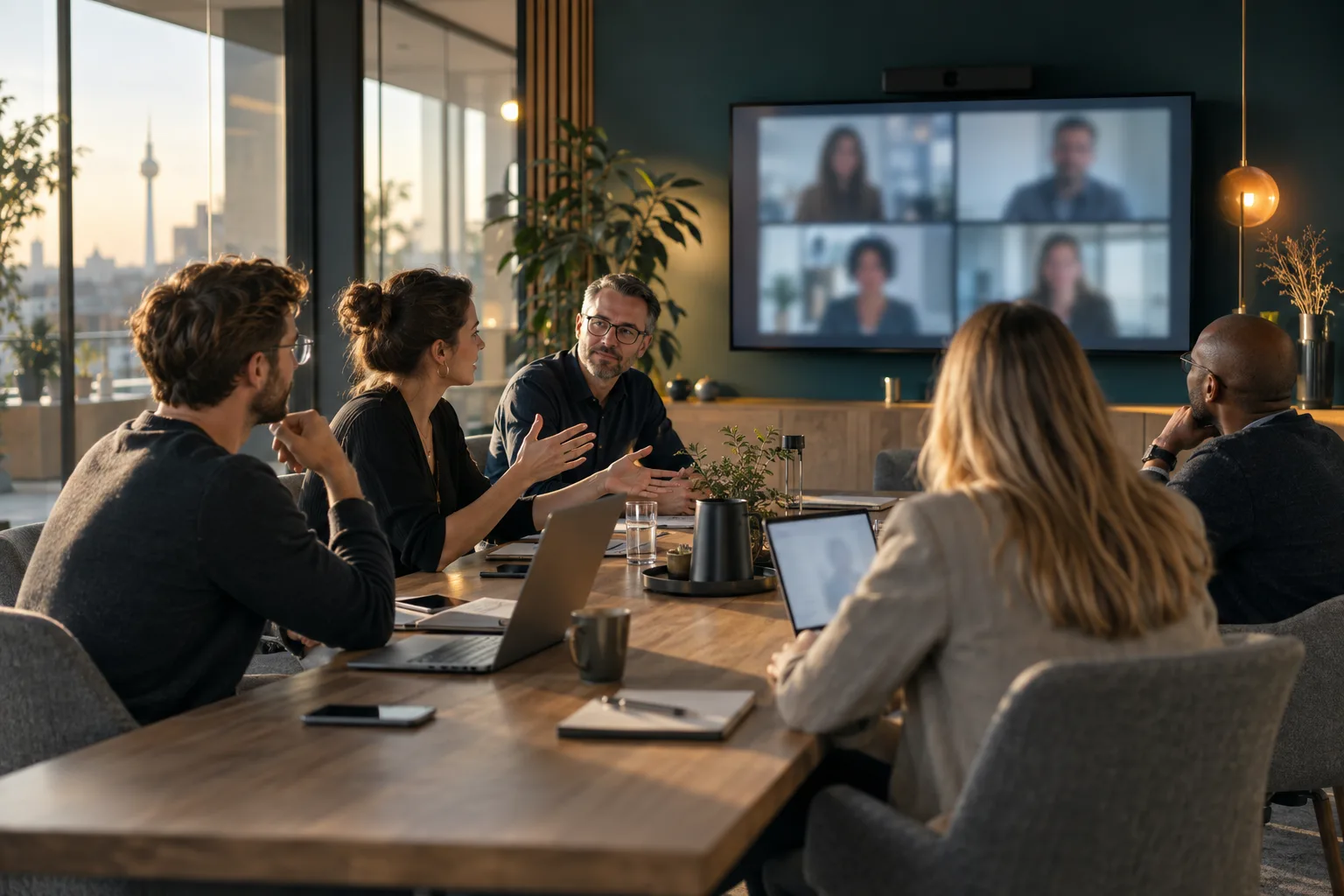 Hybrides Meeting im Konferenzraum, Bildschirm mit zugeschalteten Remote-Teilnehmern