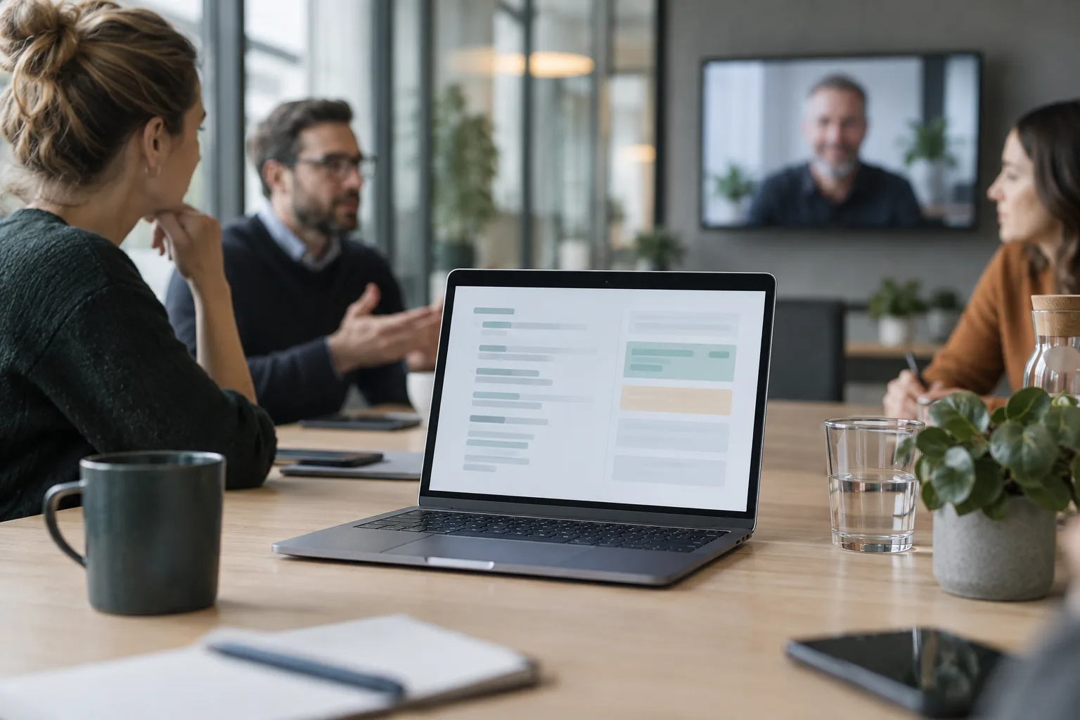 Drei Laptops mit unterschiedlichen KI-Meeting-Assistenten in einem modernen Büro