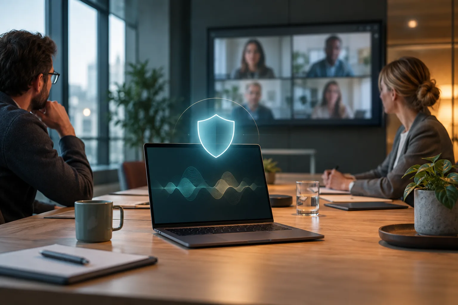 Laptop mit Schutzschild-Symbol über einer Tonspur während einer Videokonferenz im Büro