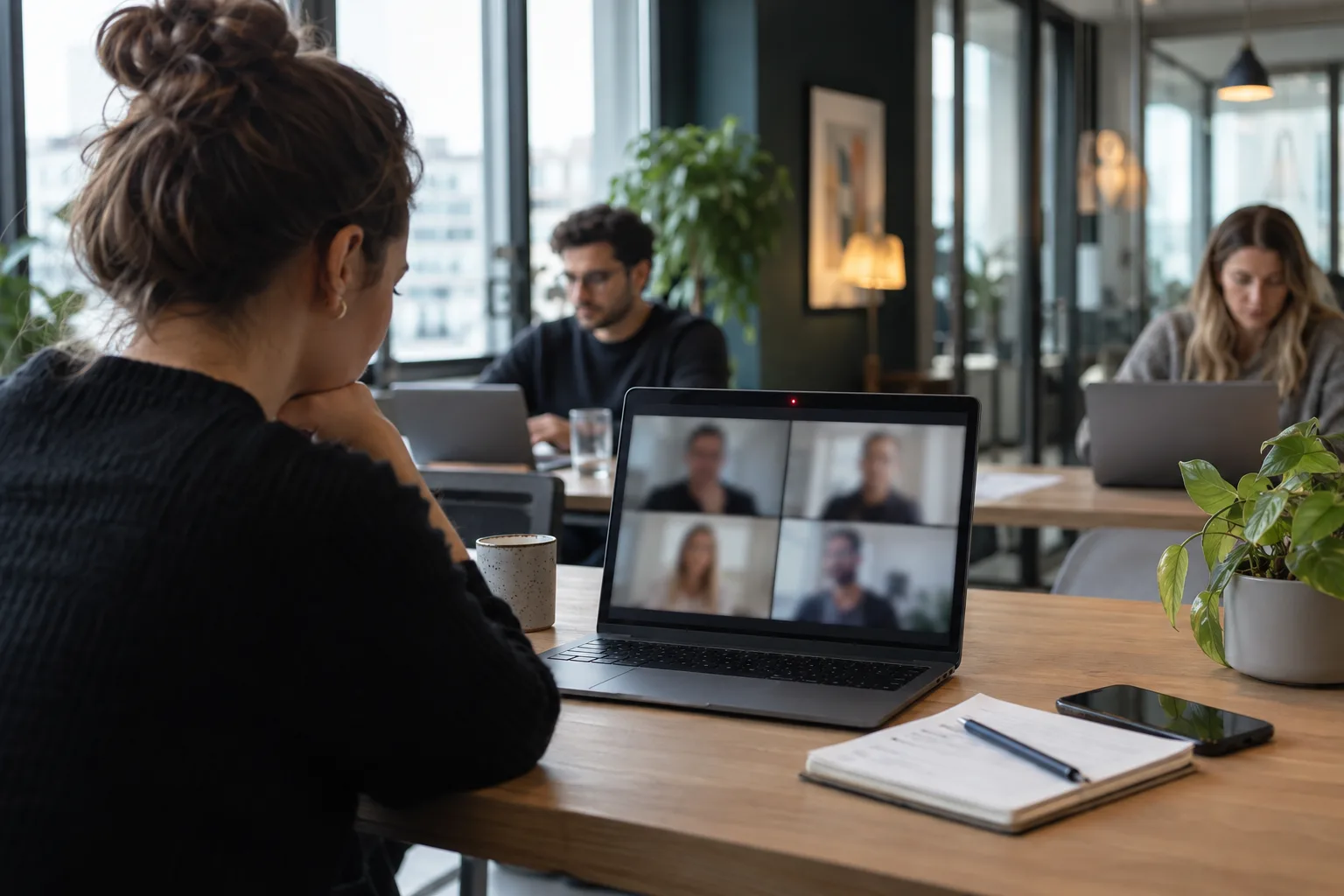 Recording a meeting under GDPR: laptop with an active video call and a red recording light in the office