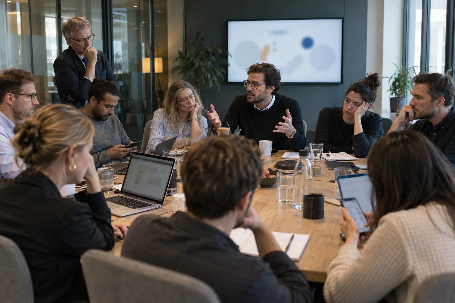 A meeting room with eight people, several looking at their laptops instead of the presentation