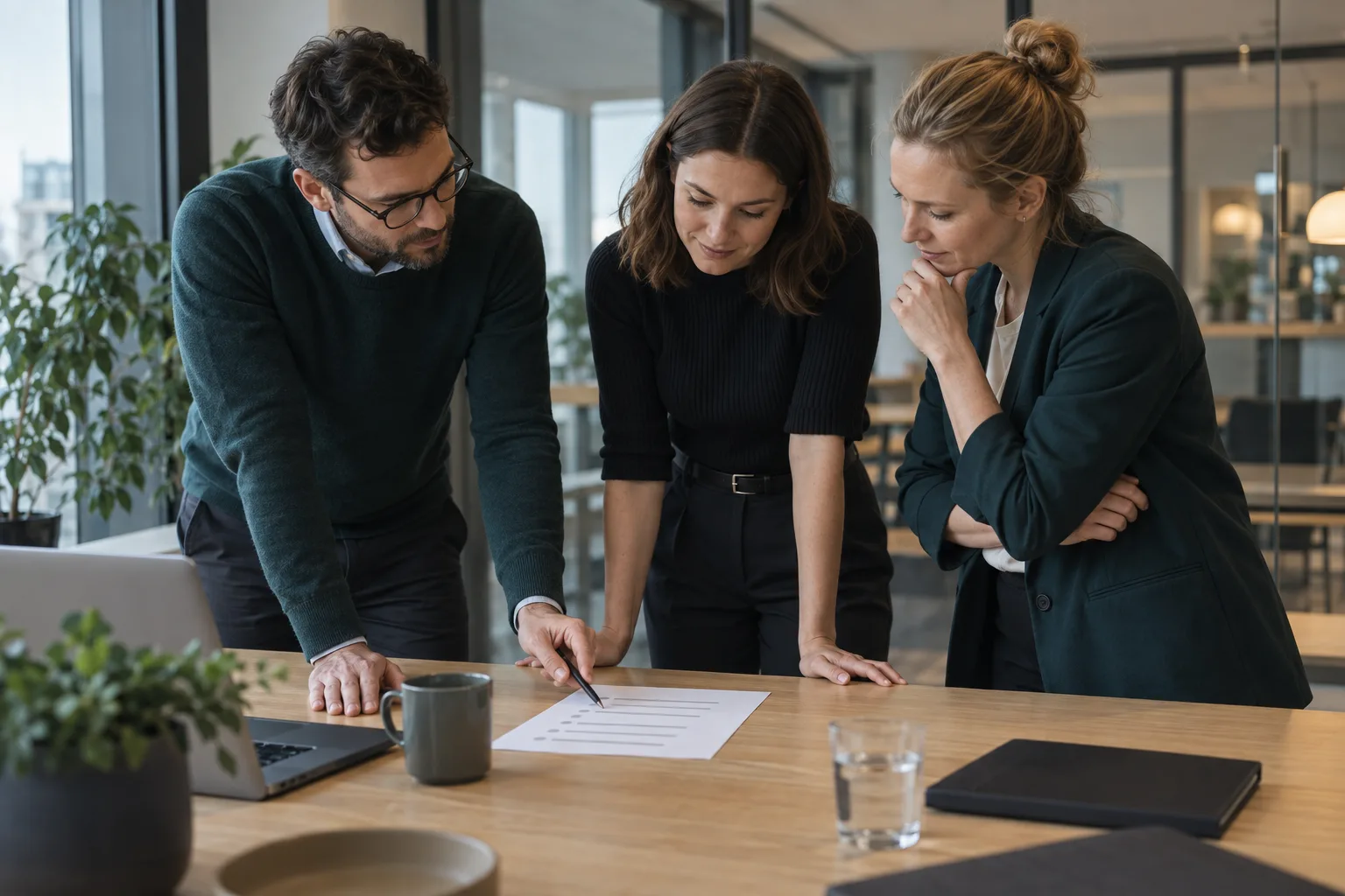 Team discusses open tasks at the conference table after a meeting