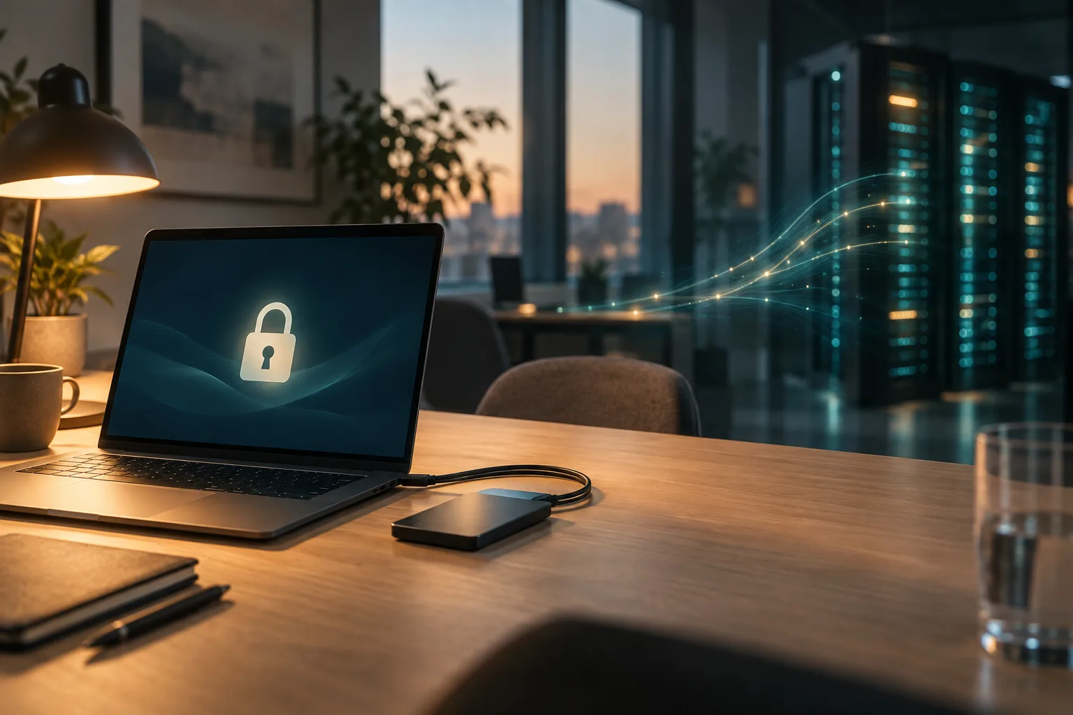 Laptop mit Schloss-Symbol für lokale Dateien neben verschwommenen Cloud-Servern im Hintergrund
