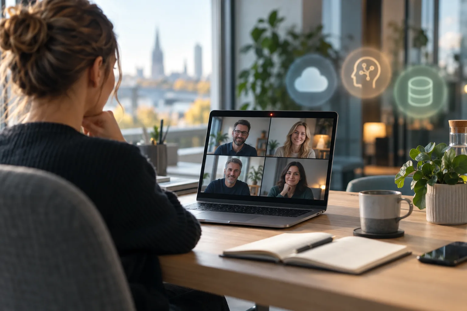 Laptop-Bildschirm mit Aufnahme-Symbolen für Cloud-Recording, KI-Tool und lokale Meeting-Aufzeichnung