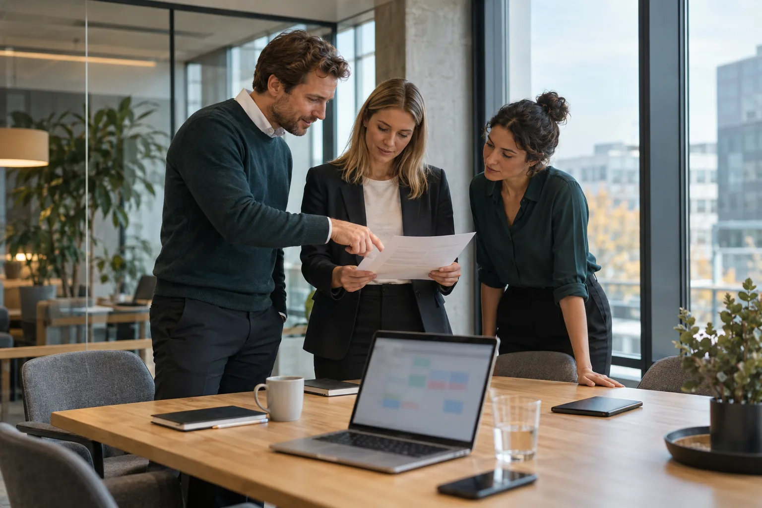 Team preparing for a meeting with an agenda and documents