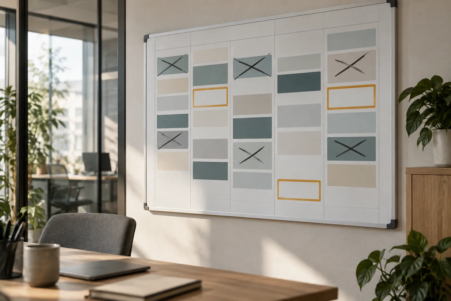 Farbcodiertes Wochenplaner-Board mit unterschiedlich markierten Terminblöcken