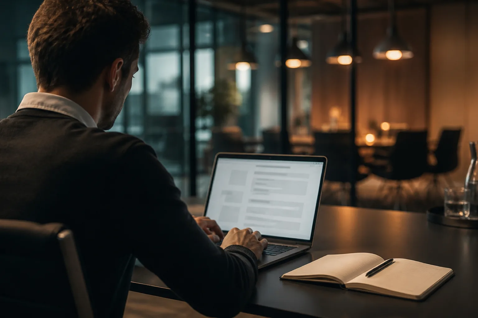 Aufgeräumter Schreibtisch mit Laptop, Notizbuch und fertigem Meeting-Protokoll