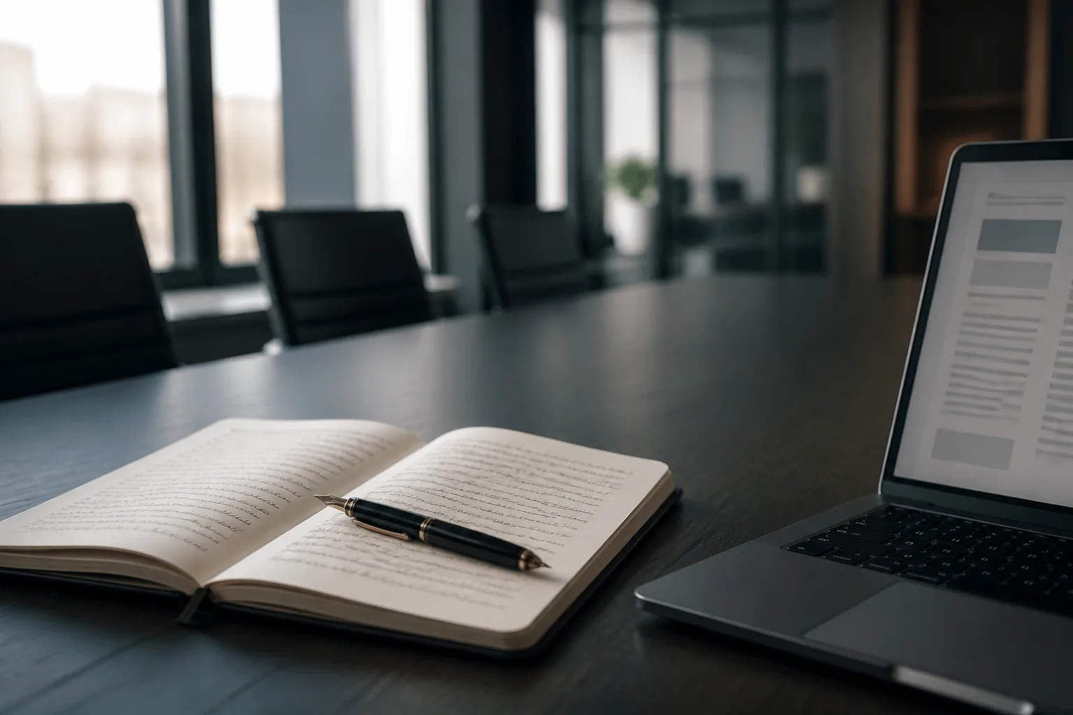 Aufgeschlagenes Notizbuch mit Meeting-Protokoll neben einem Laptop auf einem Konferenztisch