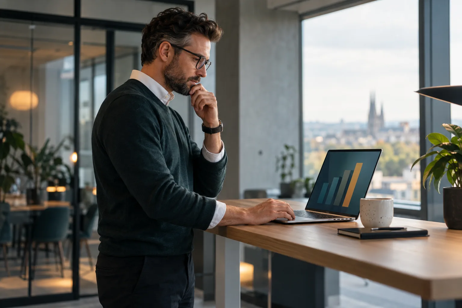 Man at a standing desk reviewing a bar chart of AI meeting tool costs
