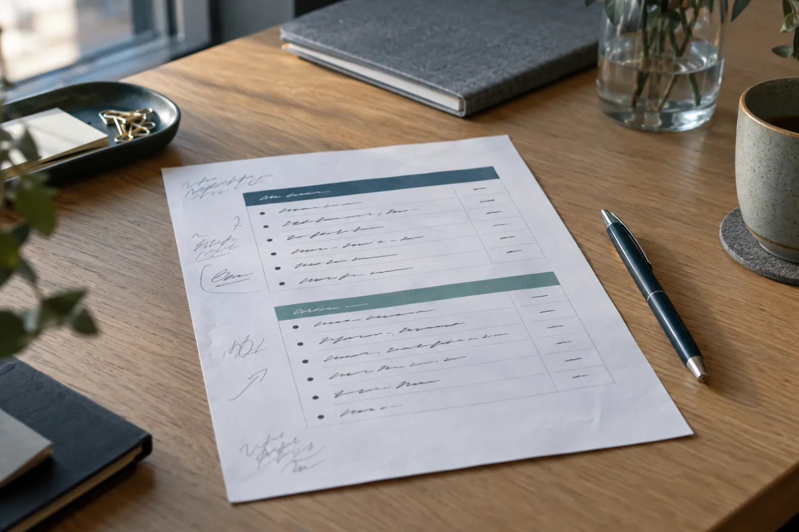 A printed meeting agenda with two topic blocks, time allocations and handwritten notes in the margin