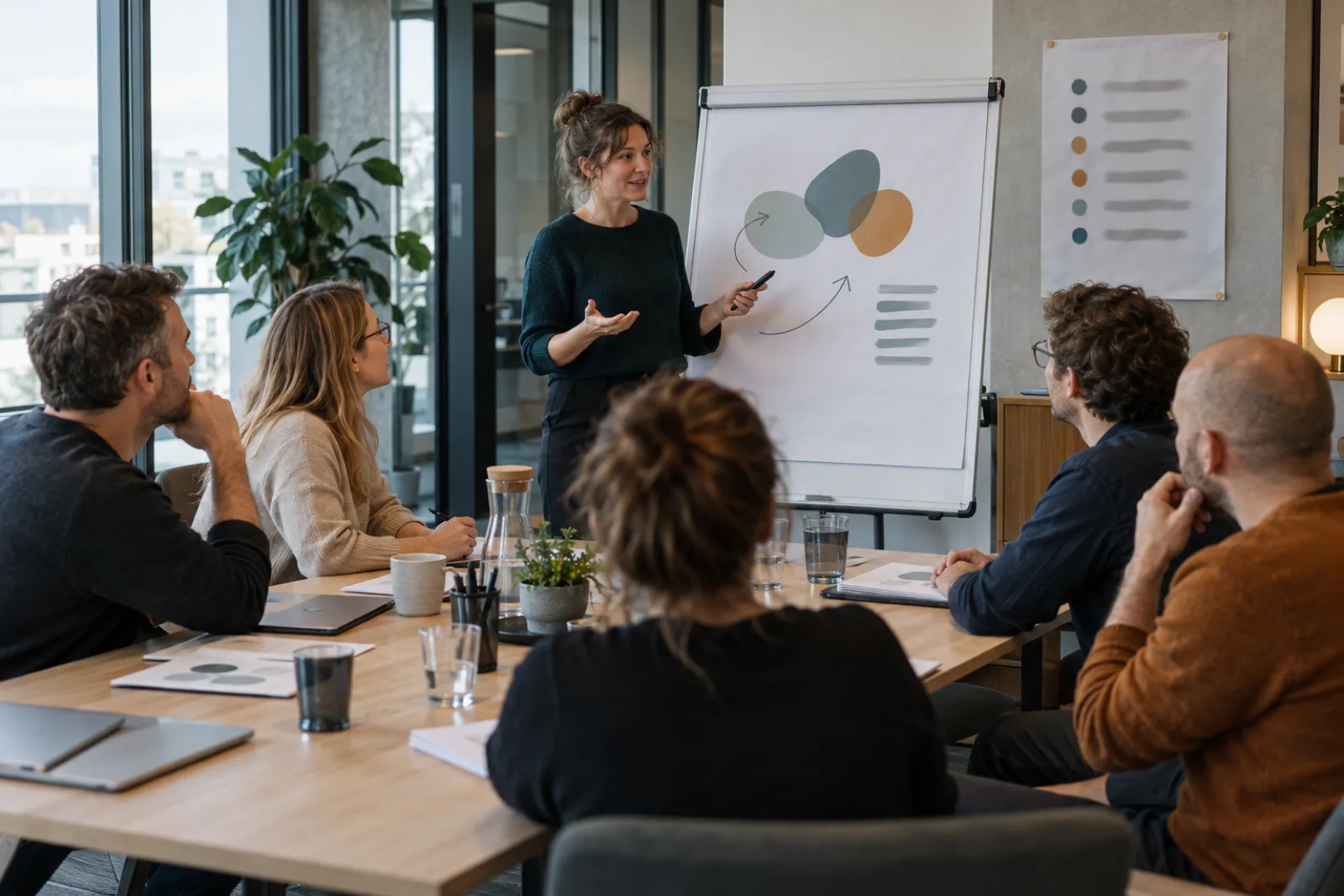 A person facilitates a meeting of five people at a flipchart, a visible list of ground rules hangs on the wall