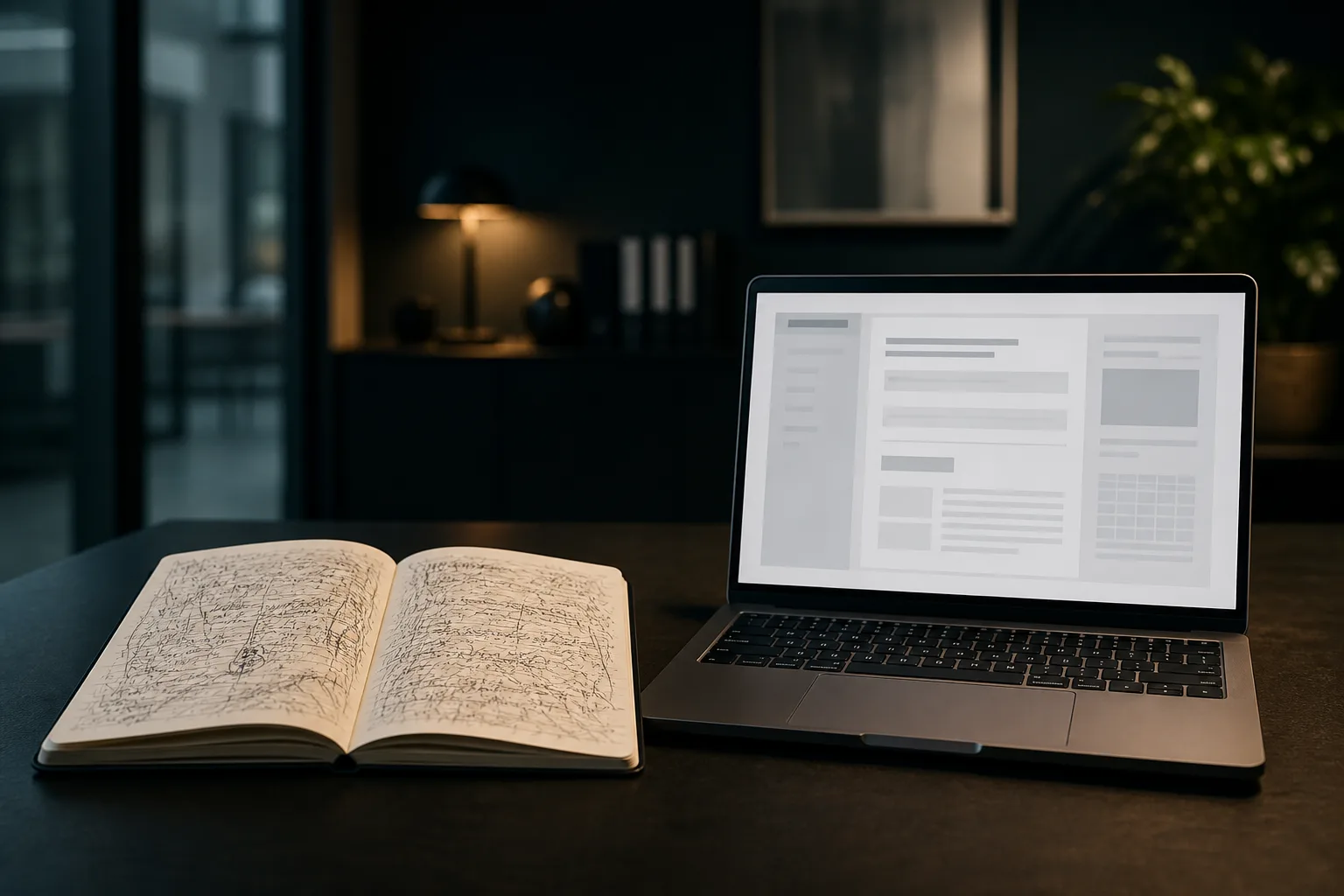 Chaotische handschriftliche Notizen neben einem sauber strukturierten digitalen Protokoll auf dem Laptop