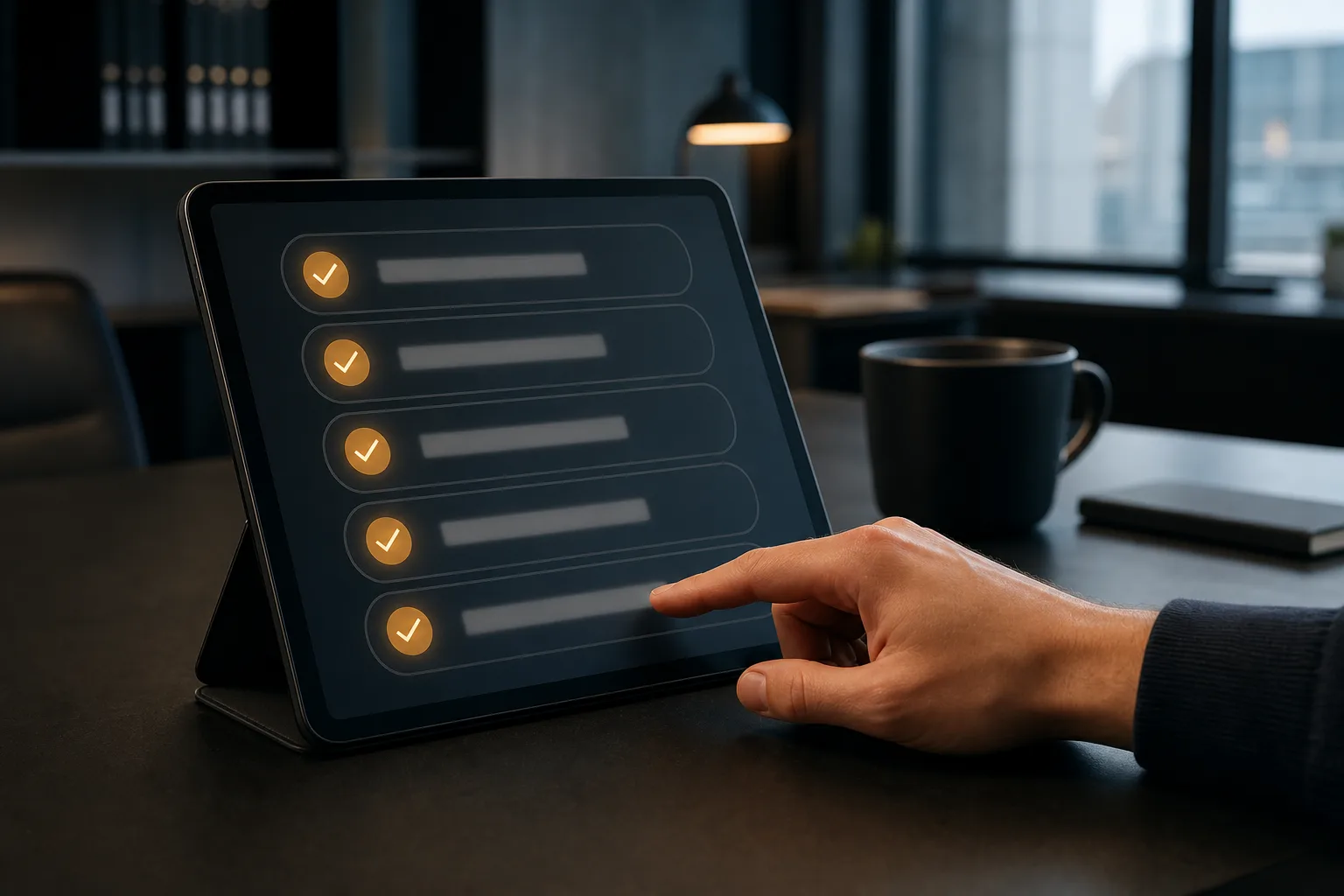 Tablet mit digitaler Checkliste und abgehakten Punkten auf einem Schreibtisch