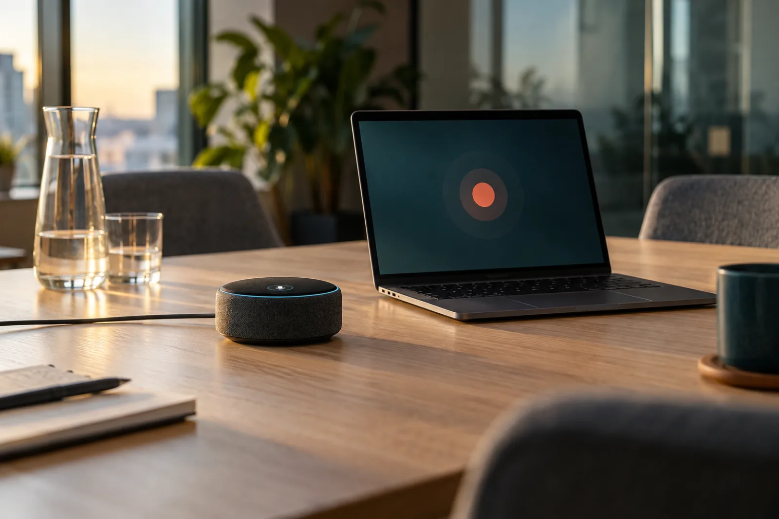 Recording a conversation in a conference room, laptop with a recording icon on the table