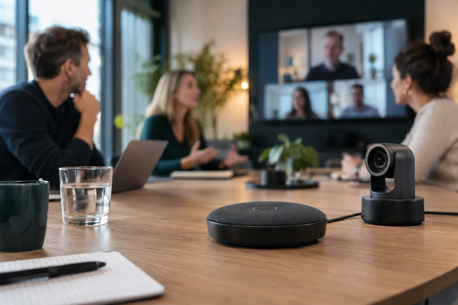 Konferenzmikrofon und Kamera auf dem Besprechungstisch, im Hintergrund Teilnehmer und Bildschirm mit Remote-Kollegen