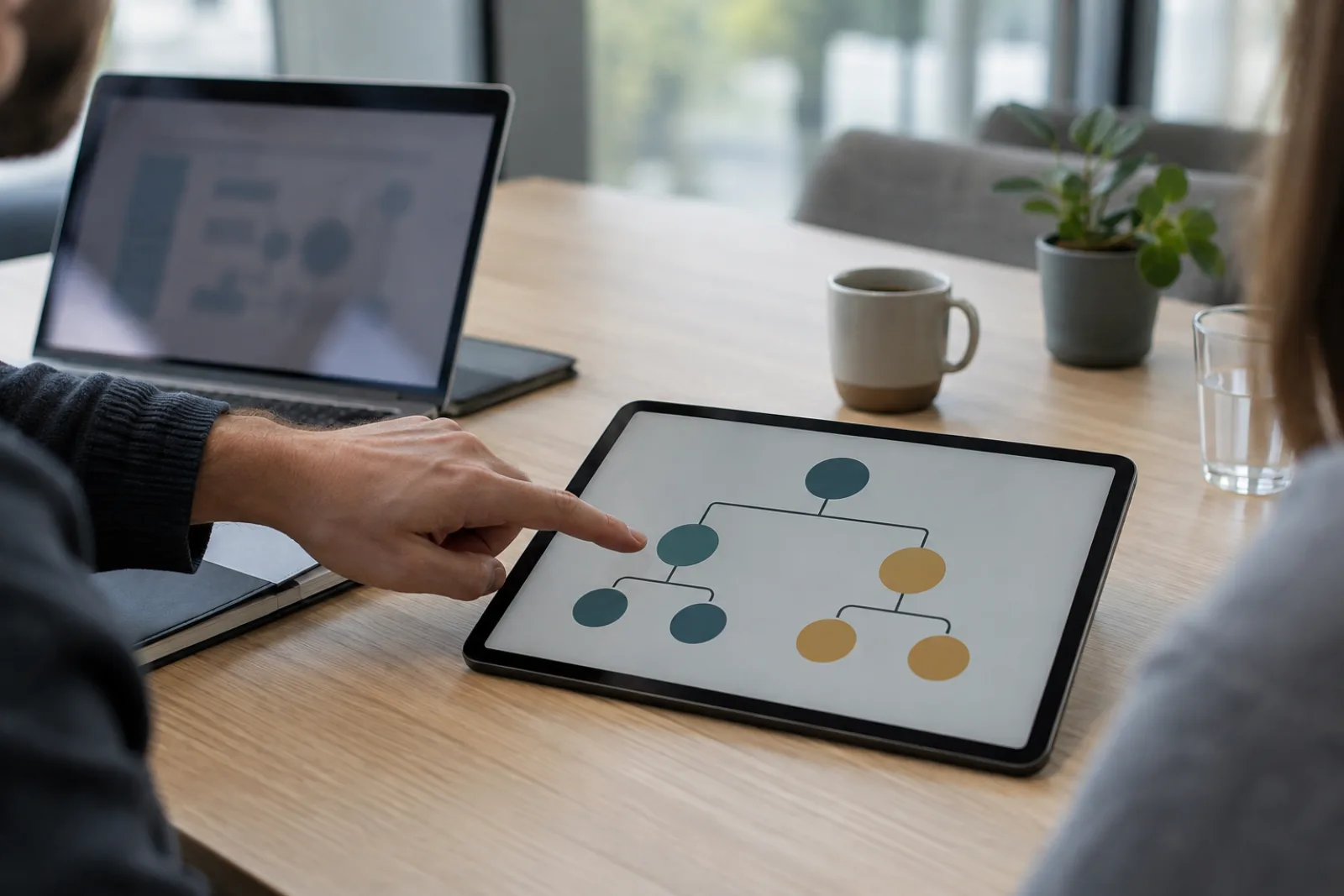 Hand zeigt auf einen Entscheidungsbaum zur Wahl eines KI-Meeting-Tools auf einem Tablet