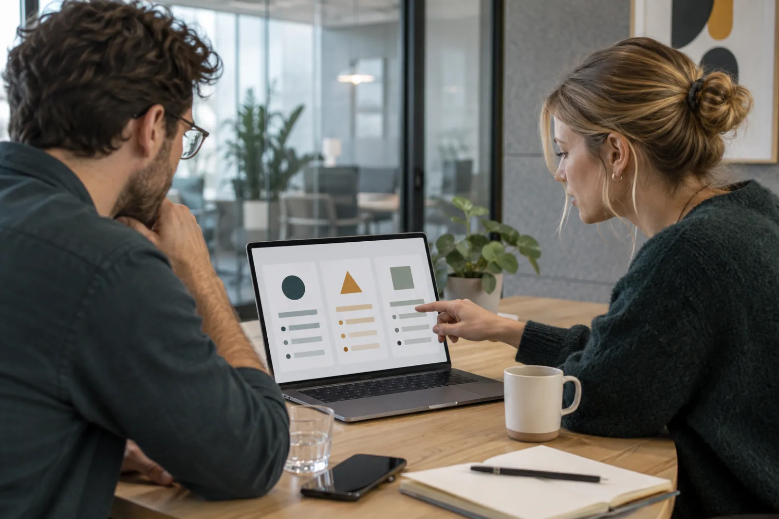 Zwei Kolleginnen besprechen im Büro die Wahl eines KI-Meeting-Assistenten