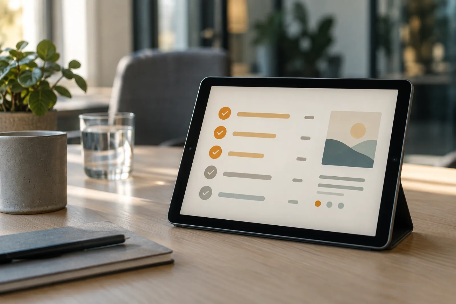 Tablet mit Aufgabenliste und eingebettetem Bildschirmausschnitt aus einem KI-Protokoll