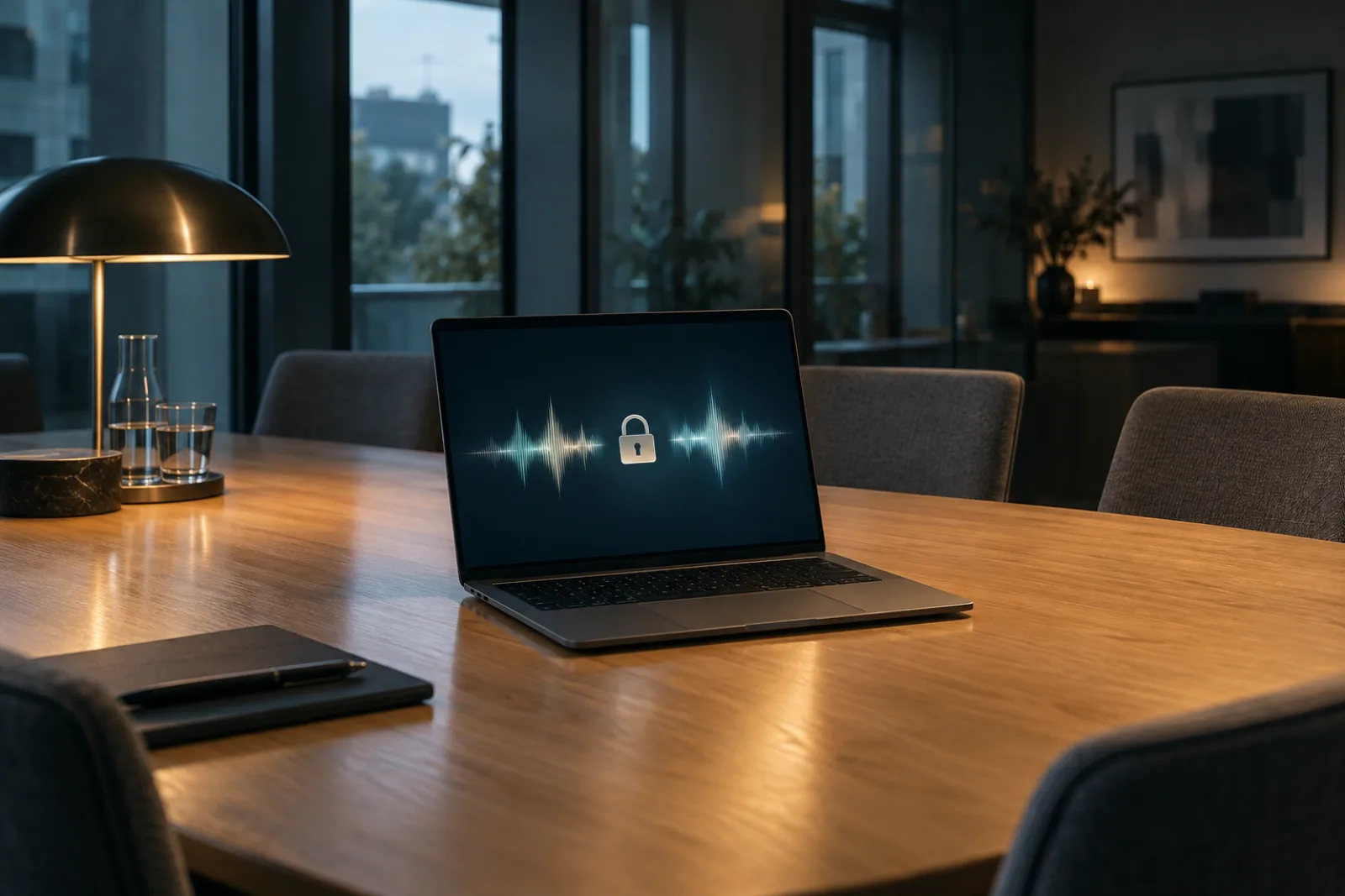 Leerer Sitzungssaal mit einem einzelnen Laptop, der lokale Verarbeitung ohne Cloud-Übertragung symbolisiert