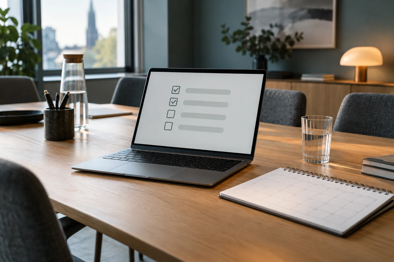 Laptop und Kalender auf einem Konferenztisch symbolisieren die Vorbereitung auf die KI-Verordnung