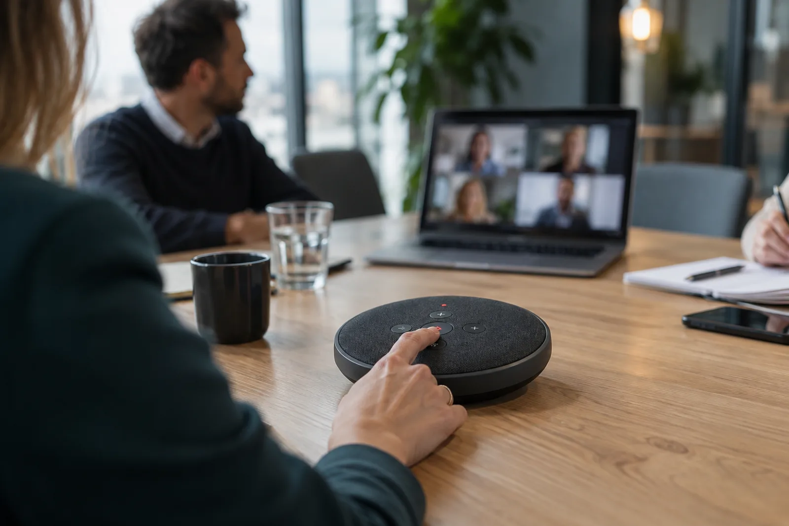 Meeting aufzeichnen nach DSGVO: Hand drückt die Aufnahme-Taste an einem Konferenztelefon, im Hintergrund ein Laptop mit Videokonferenz
