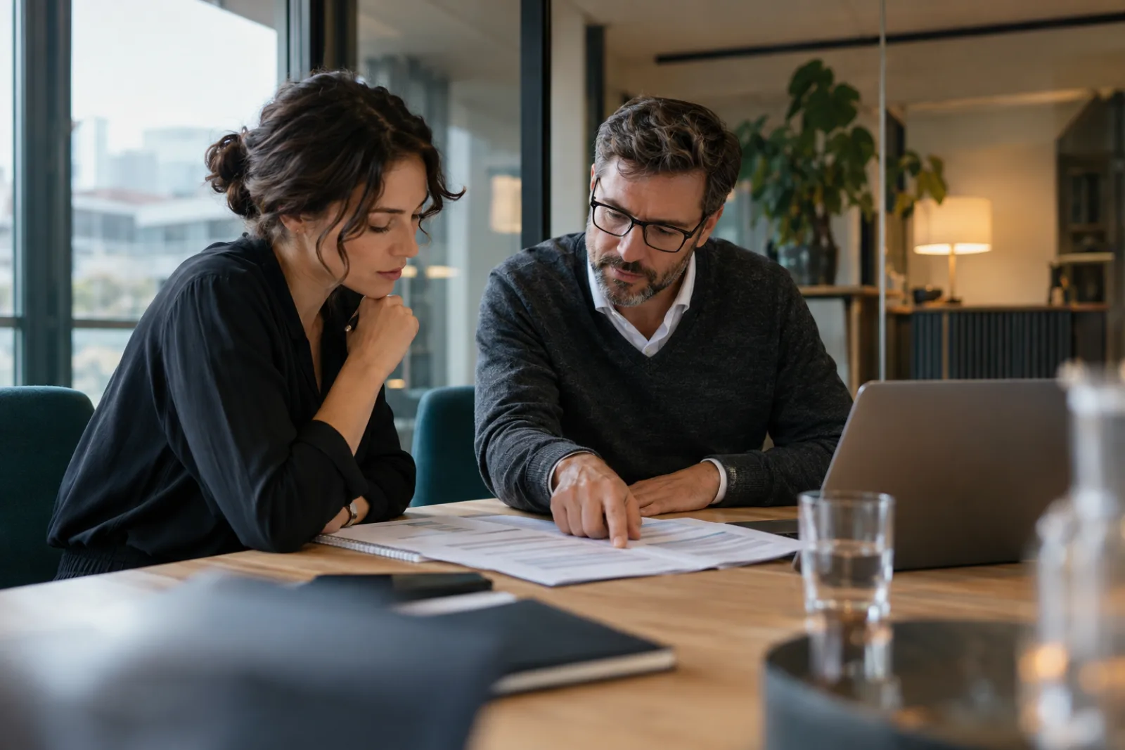 Zwei Kolleginnen und Kollegen besprechen eine gedruckte Betriebsvereinbarung zu Meeting-Aufzeichnungen im Büro