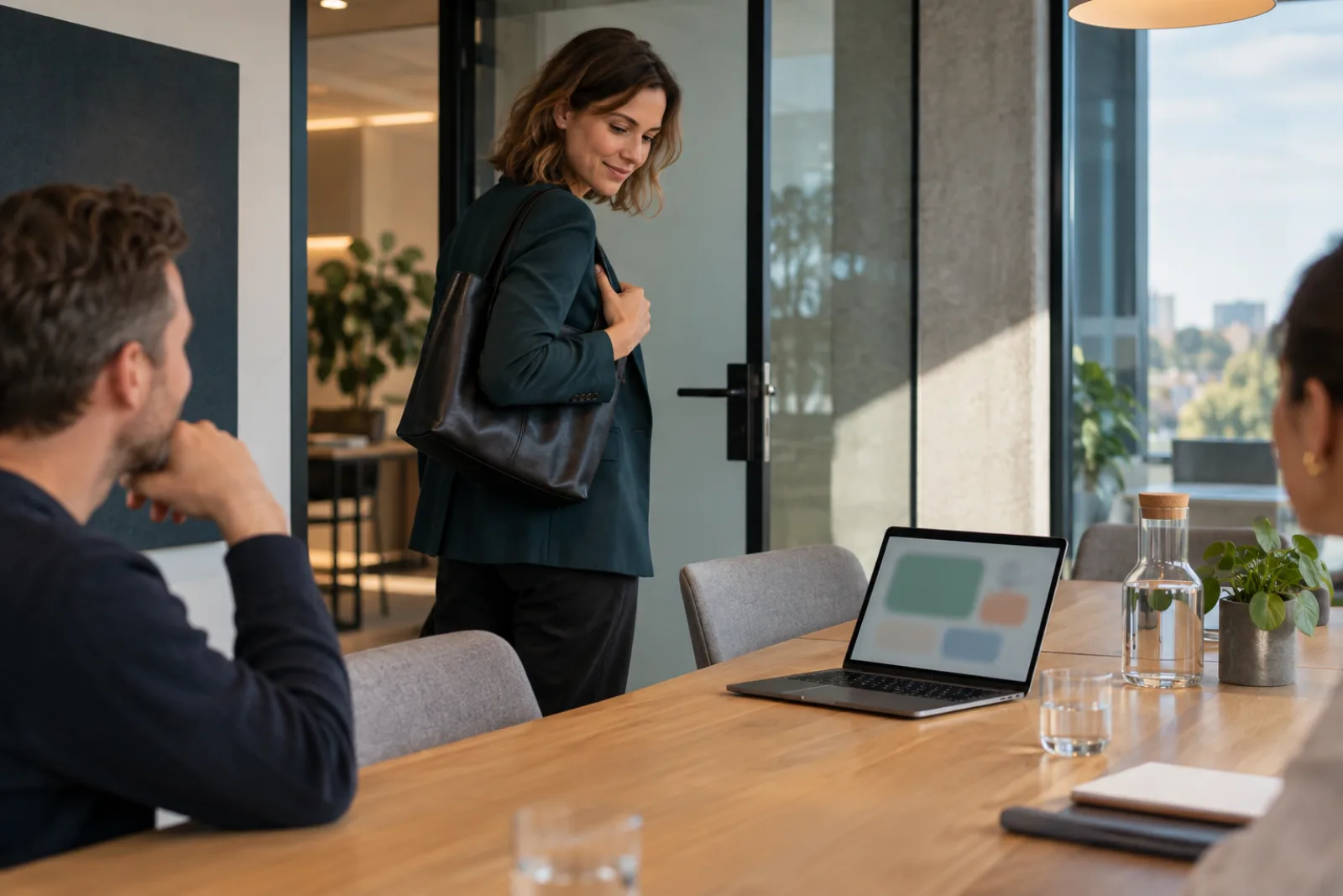 Mitarbeiter tippt direkt nach dem Meeting eine Follow-up-Mail mit den Aufgaben