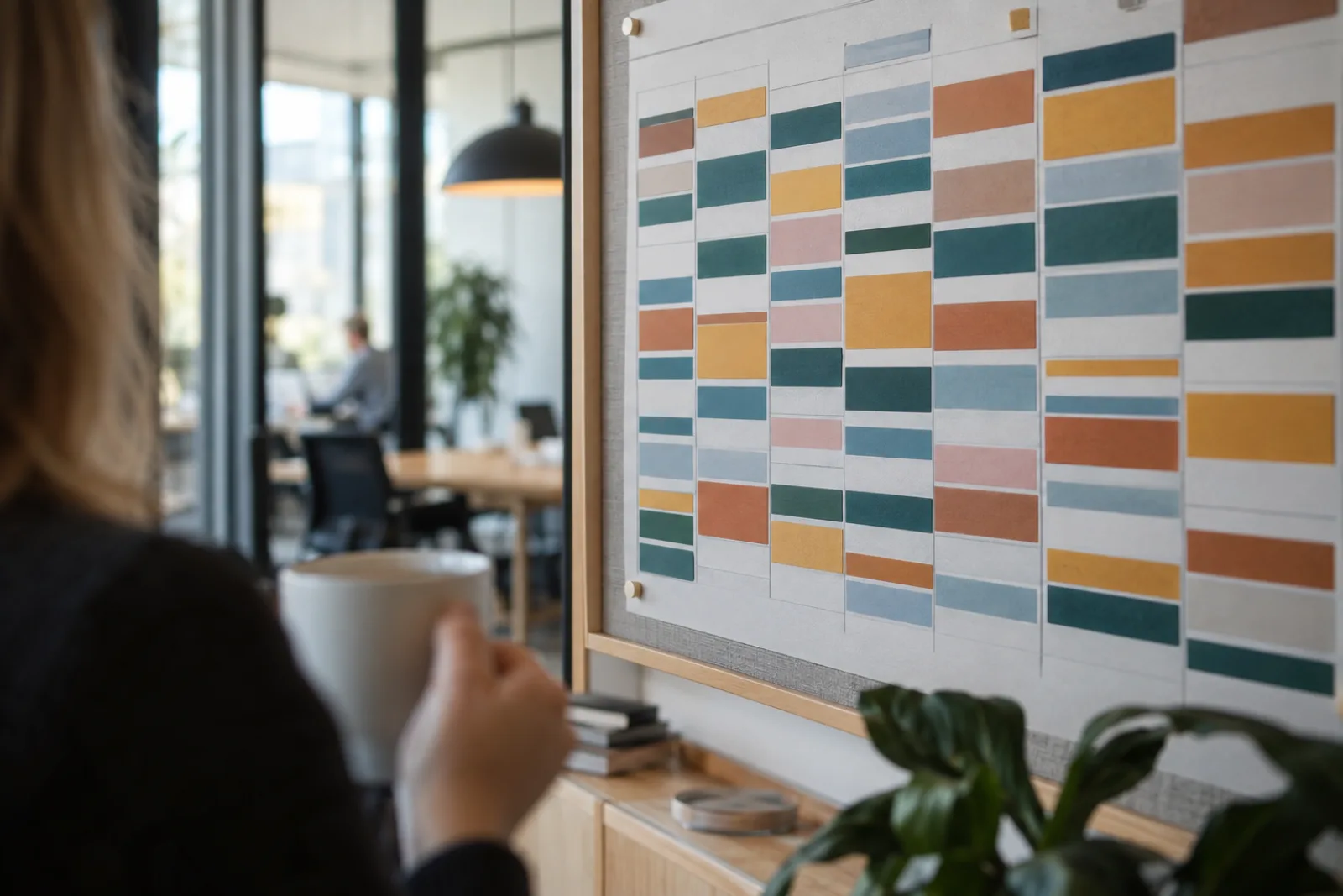 Dicht gefüllter Wochenplan an der Wand mit lückenlos aneinandergereihten Meeting-Blöcken