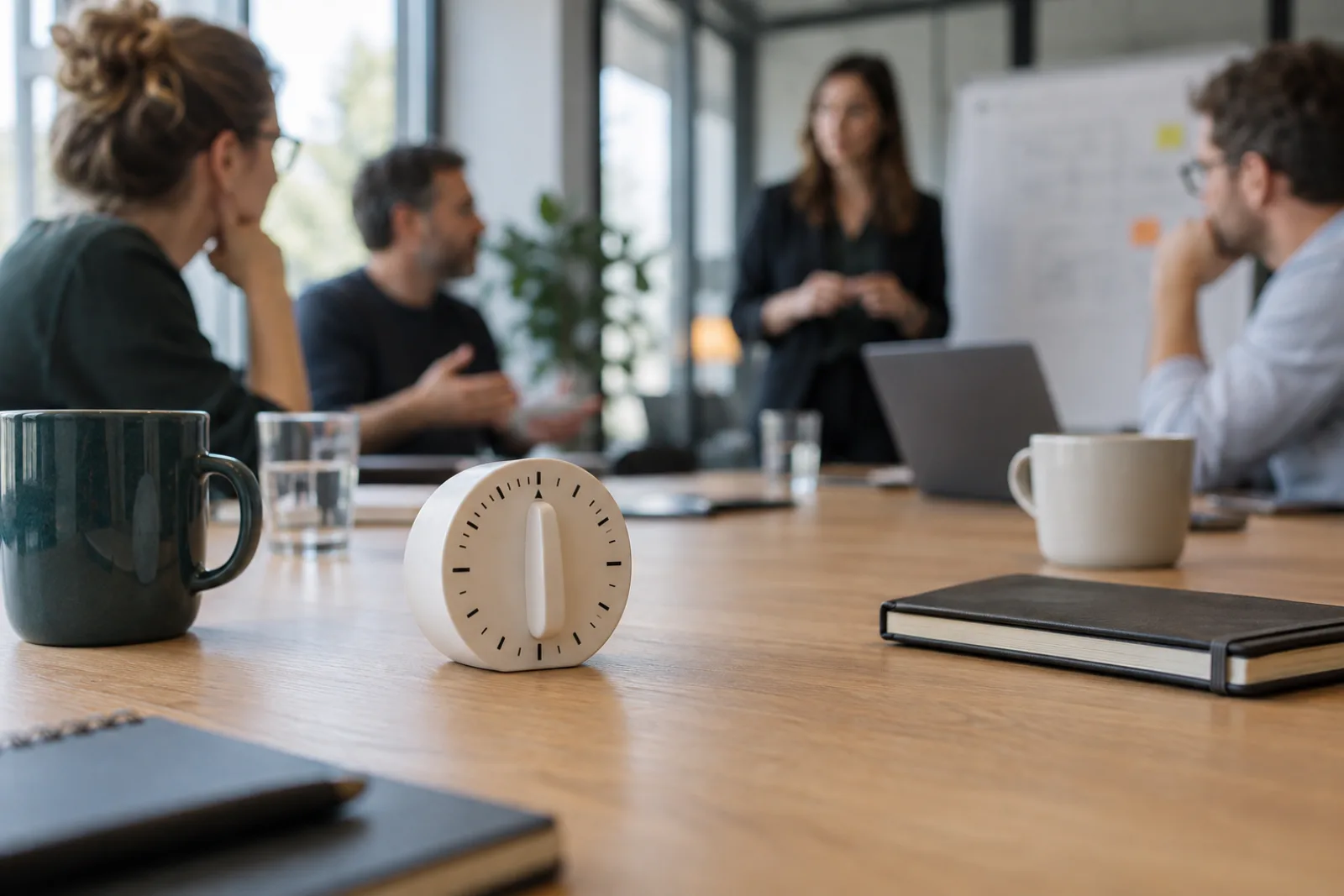 Nahaufnahme einer Sanduhr und einer Stoppuhr auf einem Besprechungstisch als Sinnbild für Timeboxing