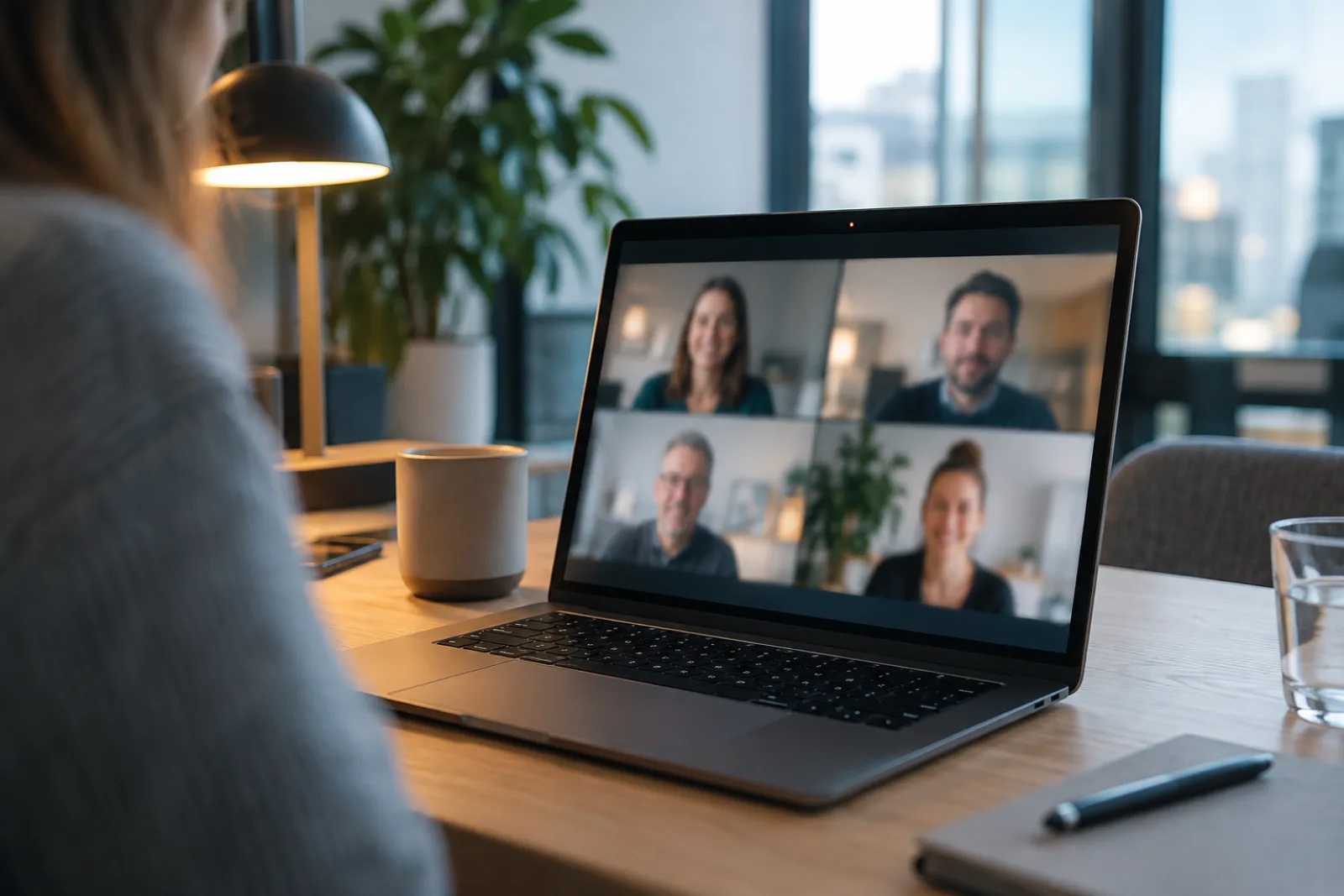 Laptop-Bildschirm während eines Videocalls mit dezentem Aufnahme-Indikator in modernem Büro