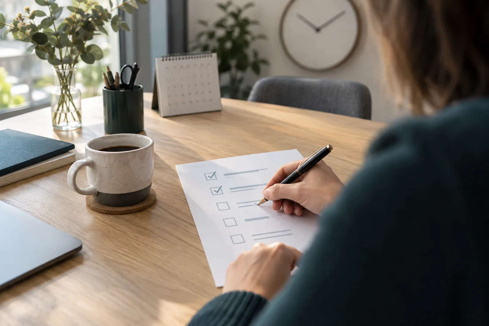 Checkliste zur Meeting-Vorbereitung auf einem Schreibtisch mit Kalender und Uhr