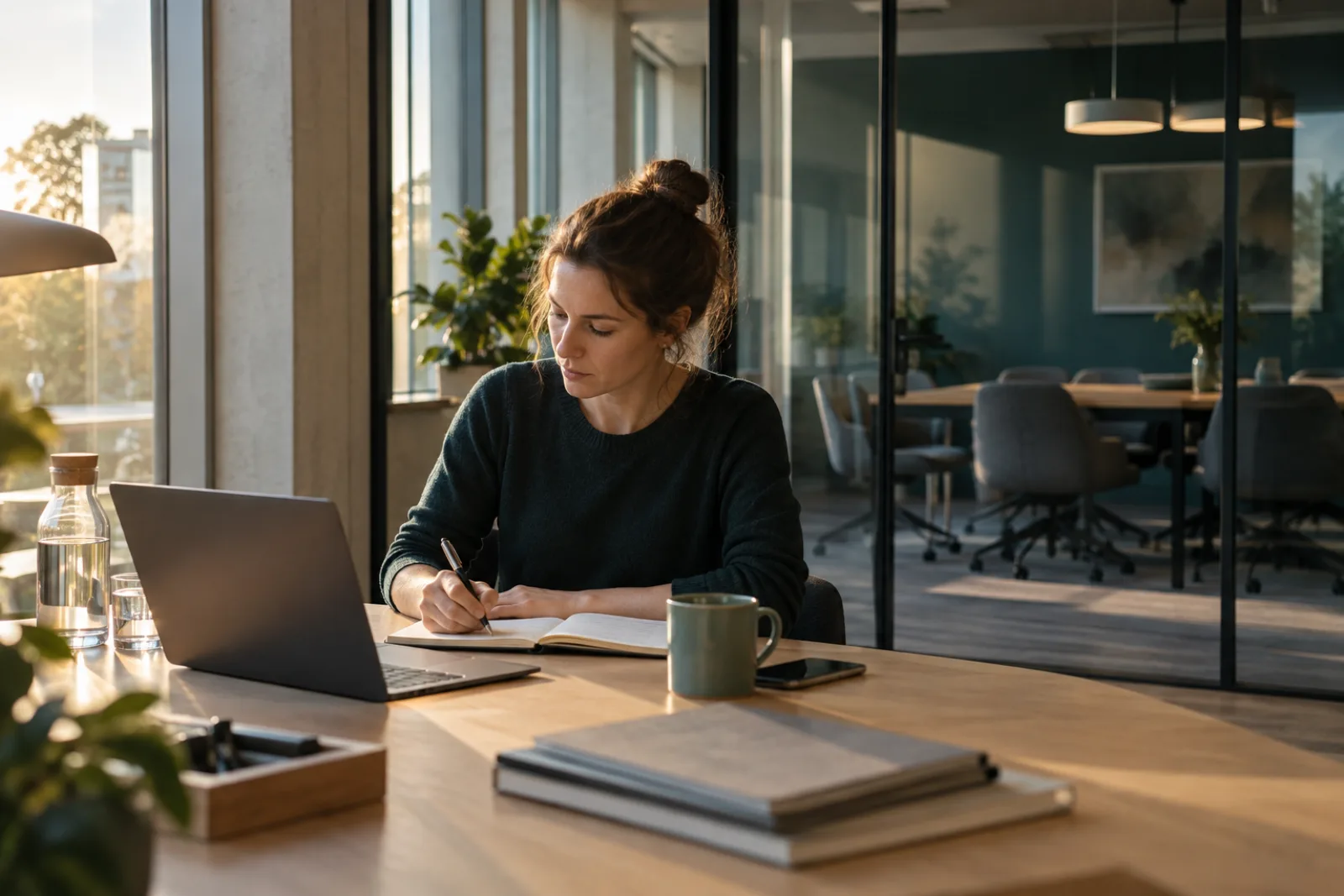 Konzentrierte Einzelarbeit am Schreibtisch, im Hintergrund ein leerer, unbenutzter Besprechungsraum