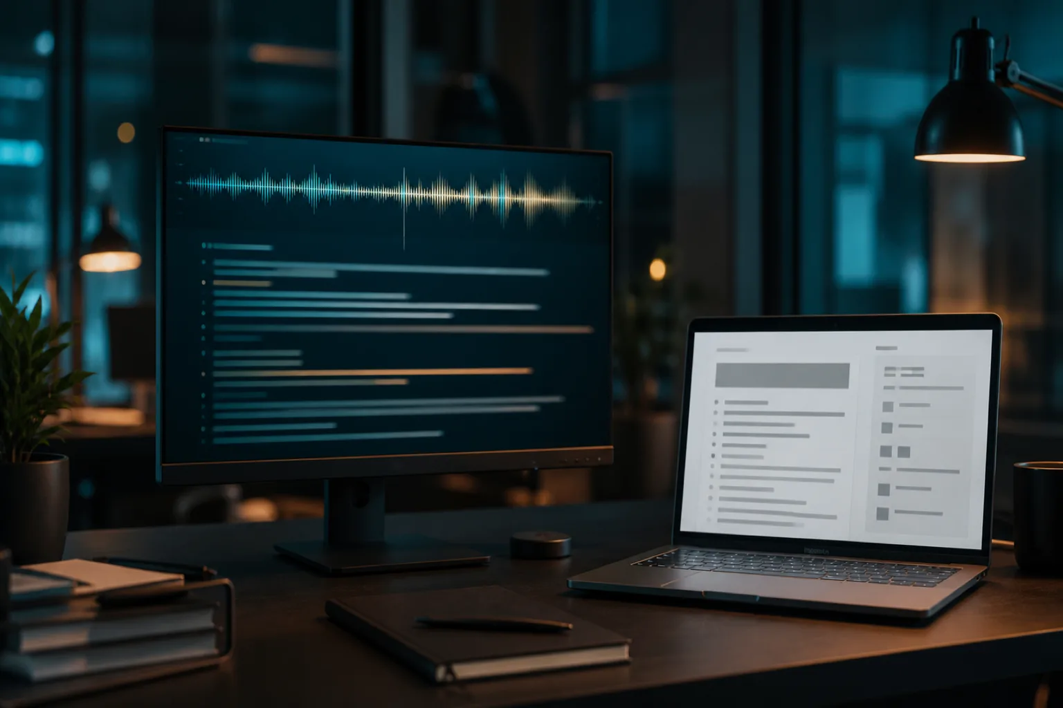 Monitor mit laufender Transkription neben einem Laptop mit fertigem Protokoll