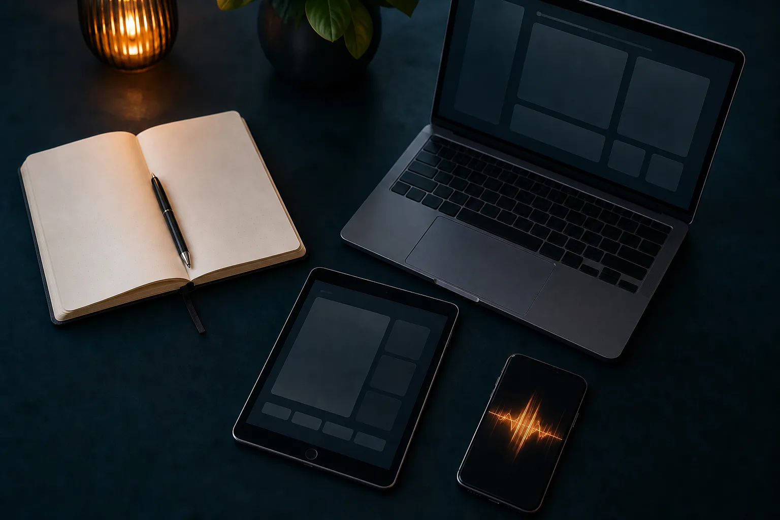 Schreibtisch mit Notizbuch, Laptop, Tablet und Smartphone als Protokoll-Werkzeuge