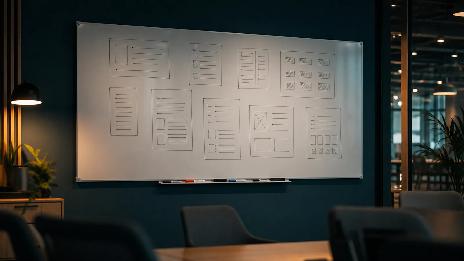 Whiteboard in einem Meetingraum mit skizzierten Protokollformaten