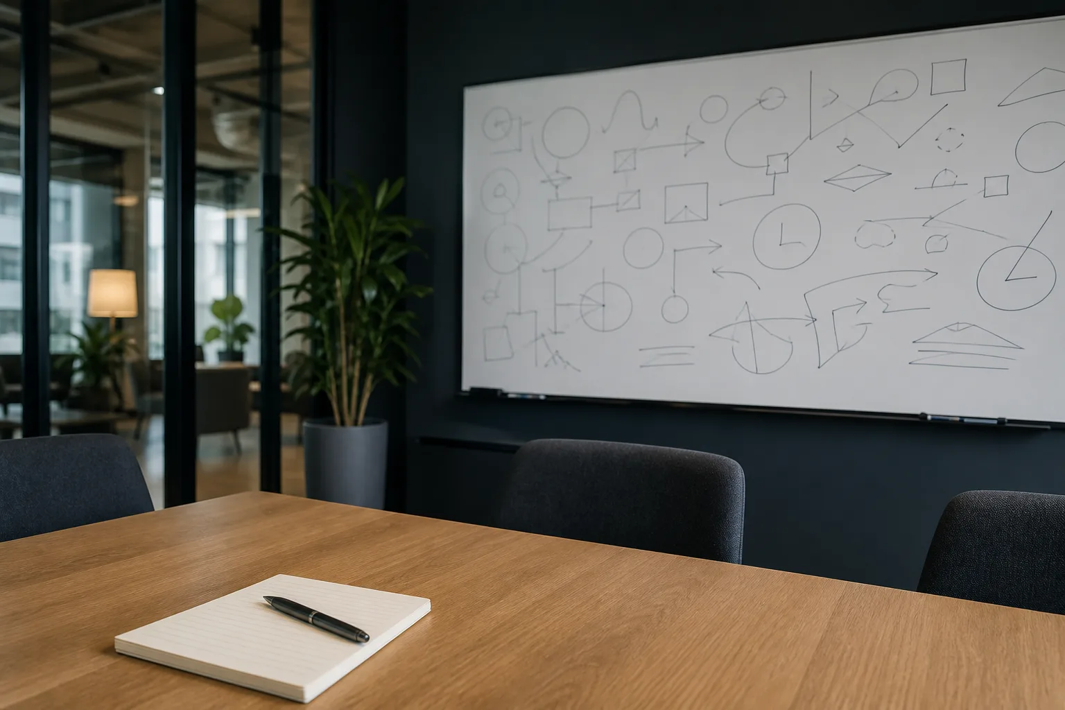 Meetingraum mit Whiteboard voller Skizzen und einem Notizblock auf dem Konferenztisch