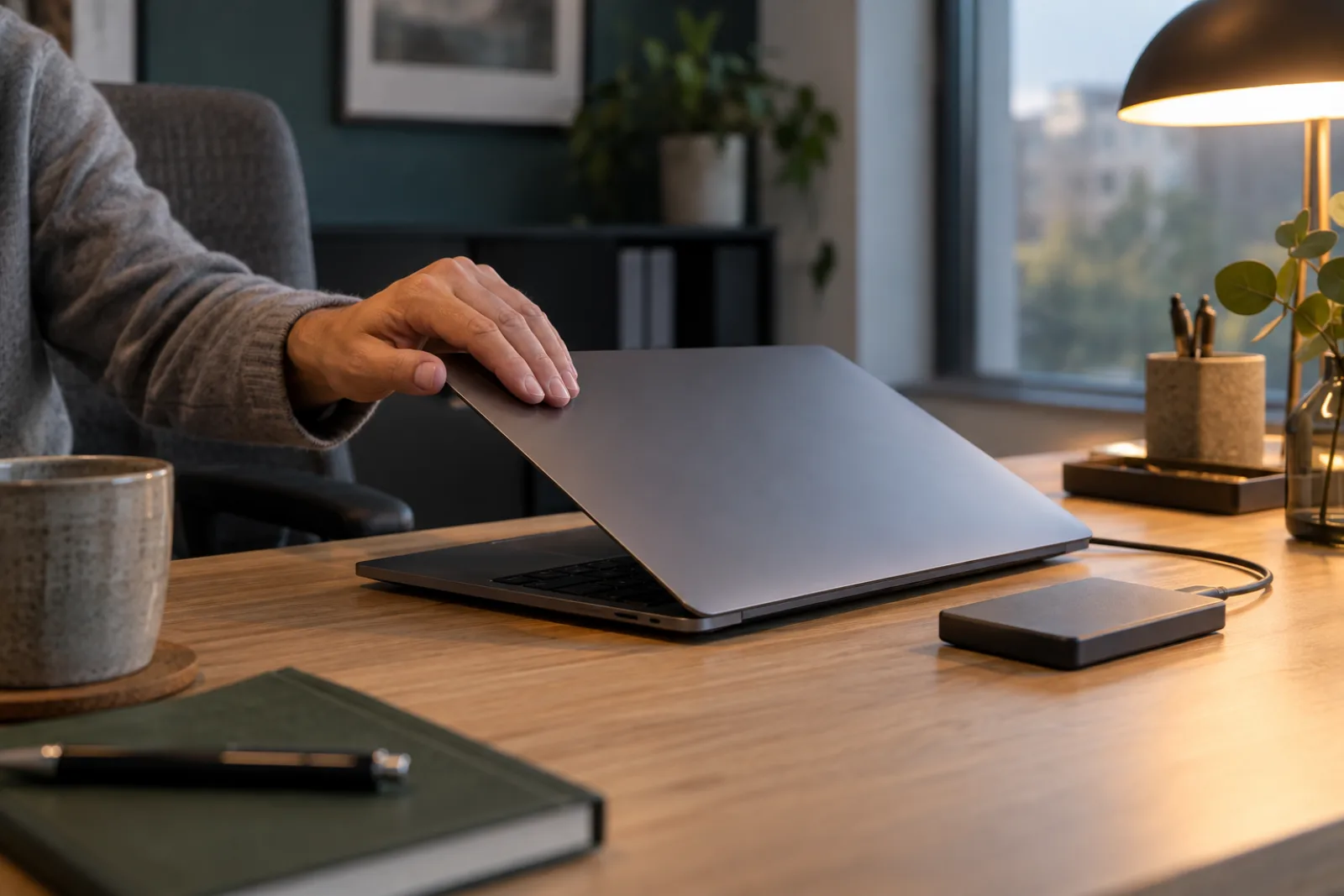 Hand klappt einen Laptop zu, daneben eine externe Festplatte auf dem Schreibtisch