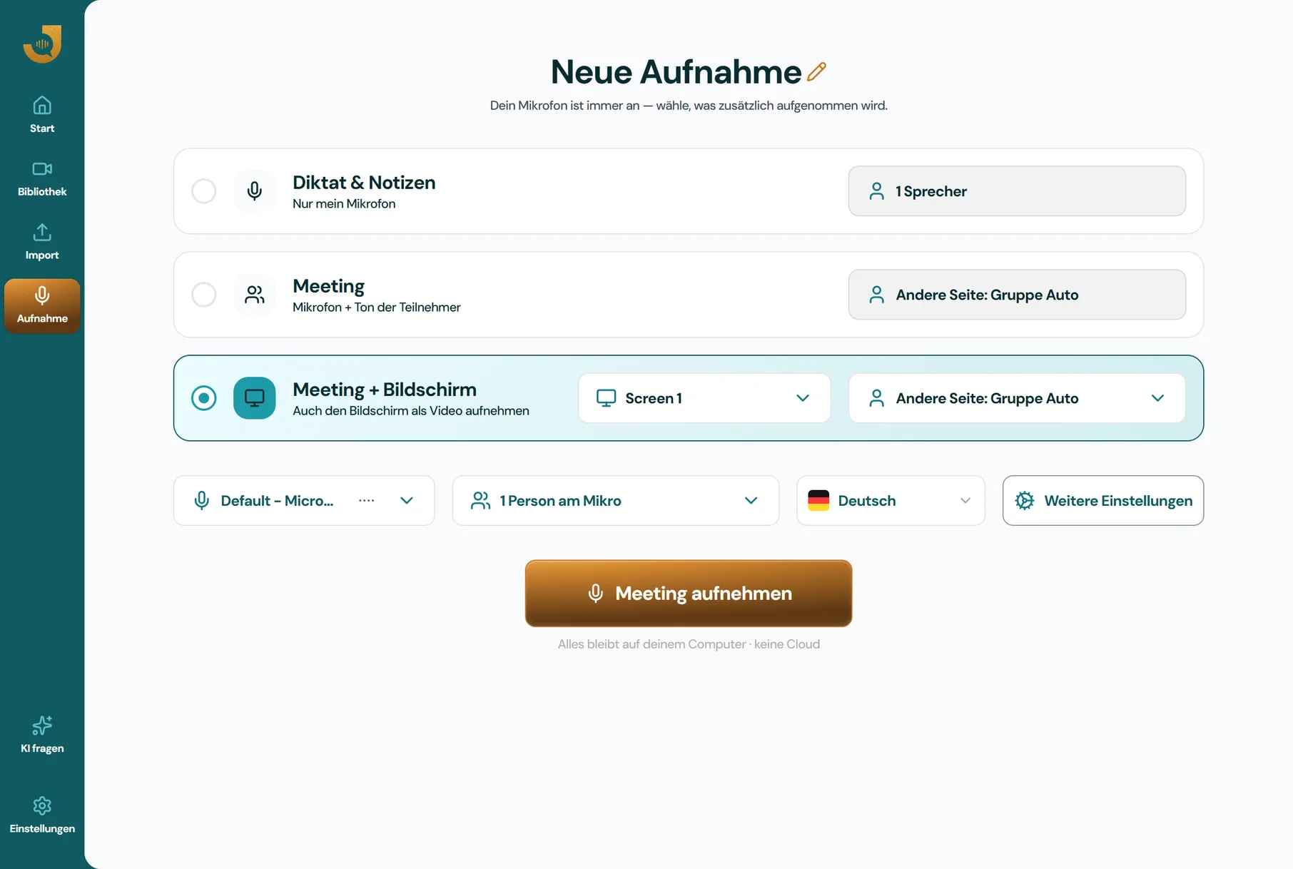 Neue Aufnahme: Modus Meeting + Bildschirm, Mikrofon und Sprache gewählt