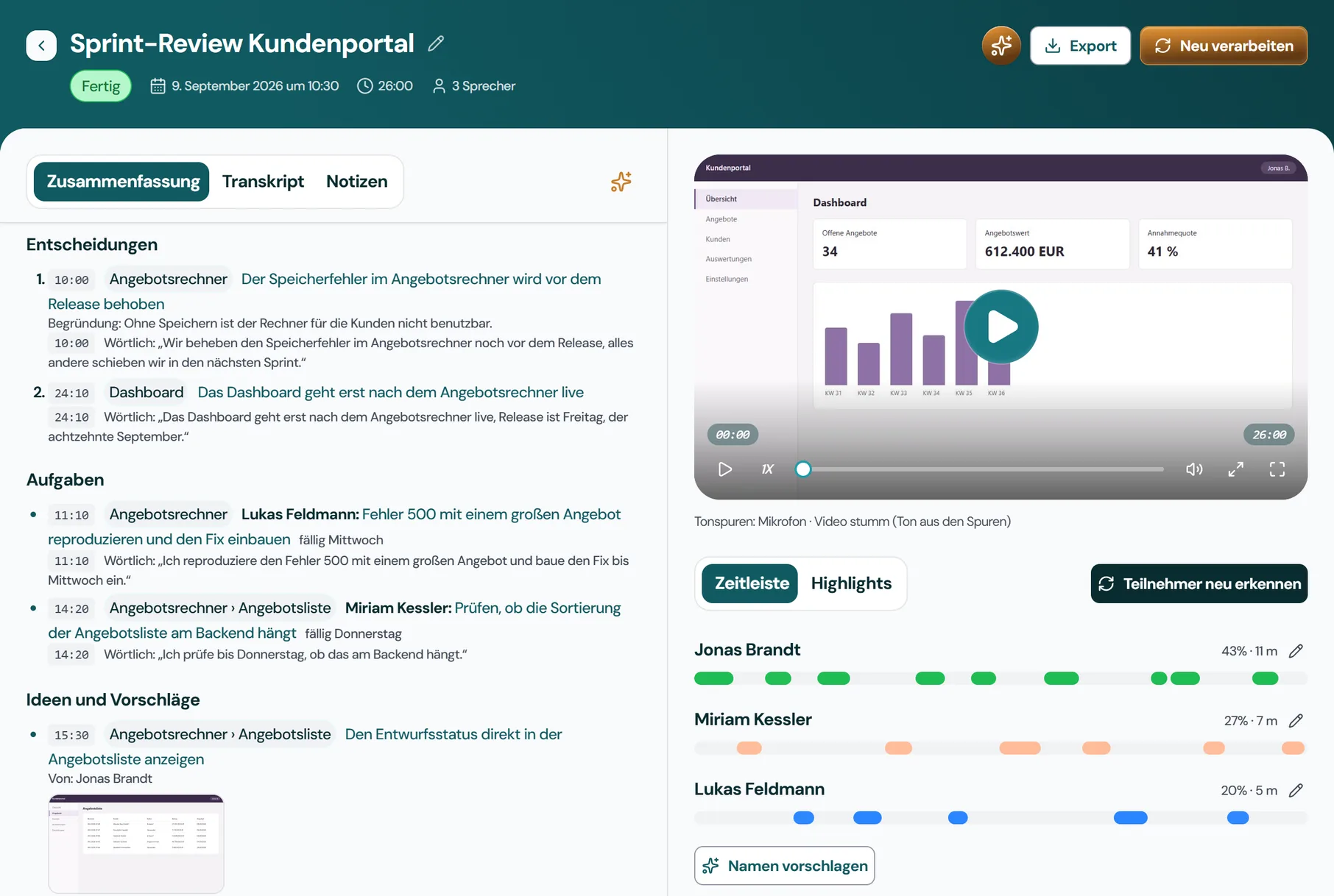 Entscheidungen, Aufgaben und Ideen mit Zeitmarke, Thema und Bildbeleg