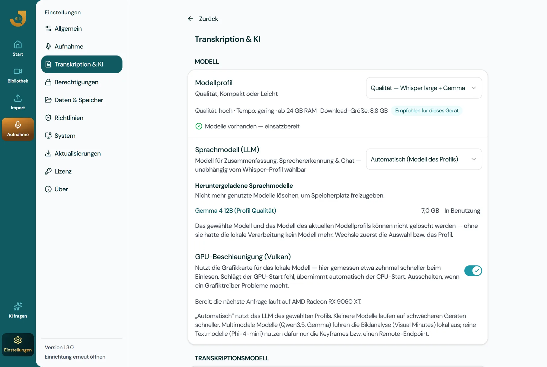 Einstellungen Transkription und KI: Modelle liegen lokal auf dem Rechner